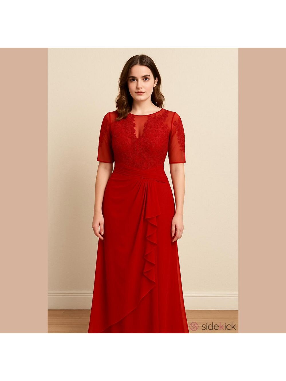NEW Formal Lace Dress in Red with semi sheer sleeves, floral embroidery